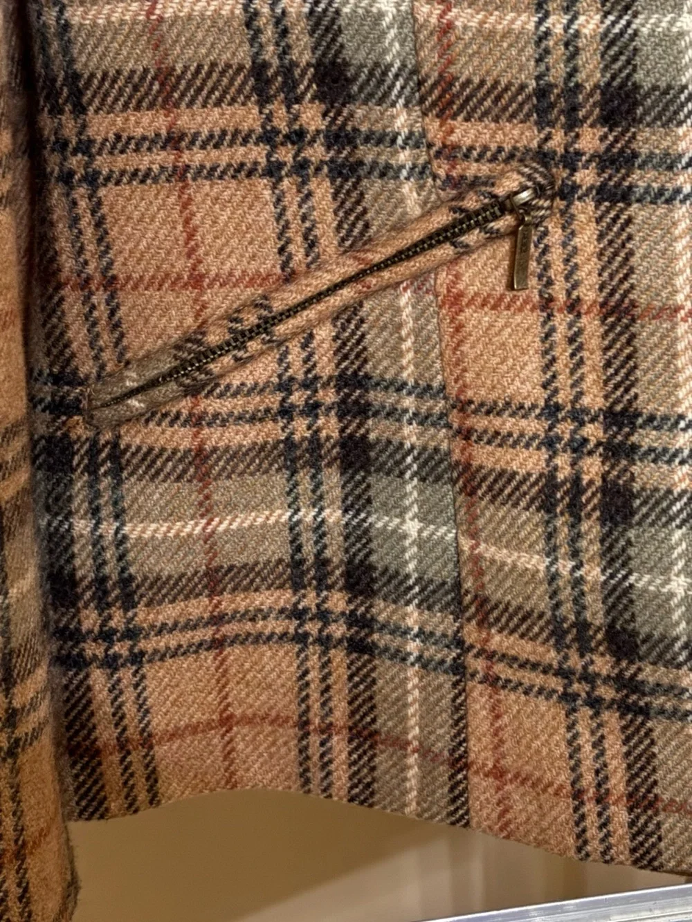Evan Picone Plaid Wool Pea Coat - Tan, Black, Cream